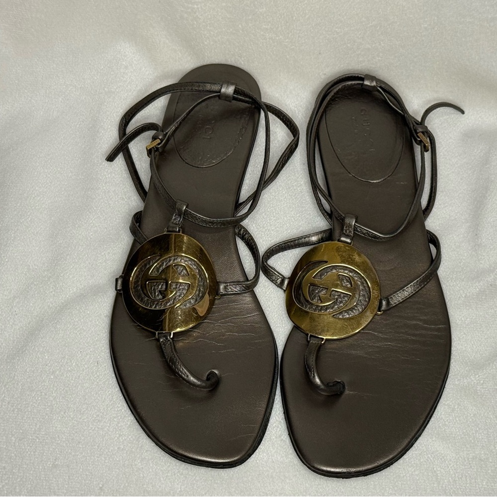 Gucci Women's Brown Leather Sandals with Gold Accents
